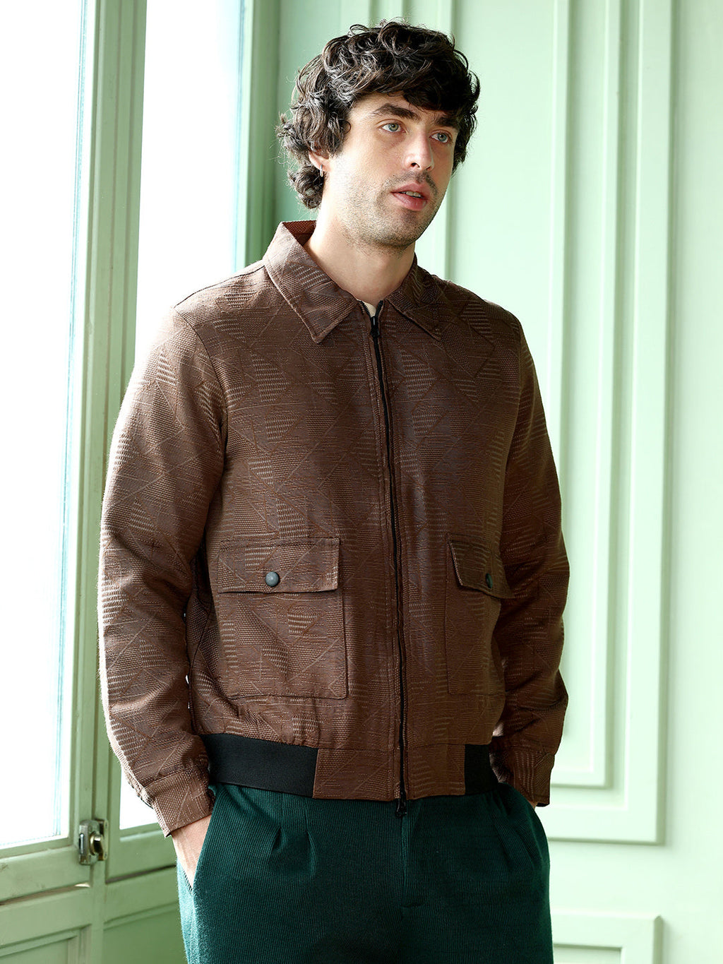 Geometric-Jacquard Zip-Front Jacket