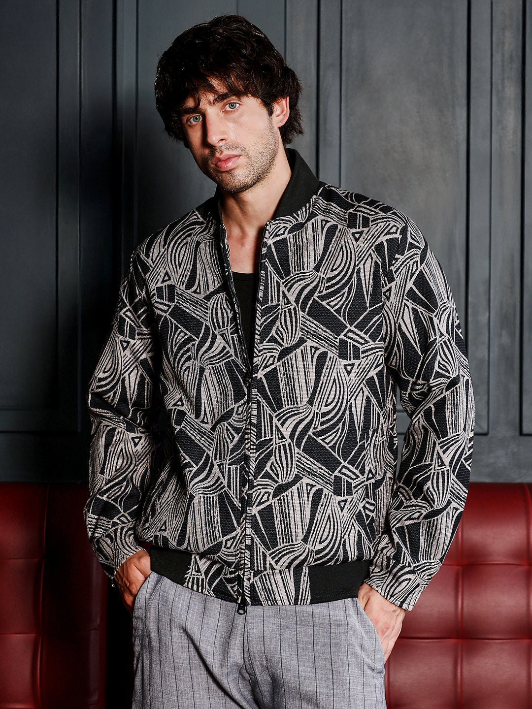 Stroke-Jacquard Bomber Jacket