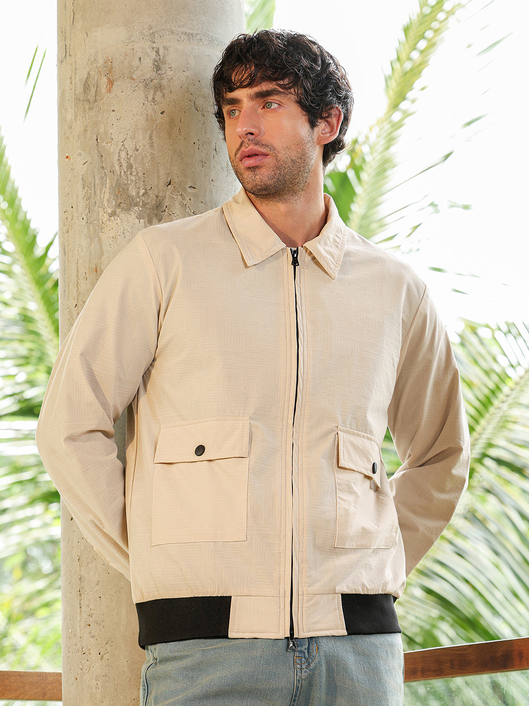 Zip-Front Geometric-Jacquard Jacket