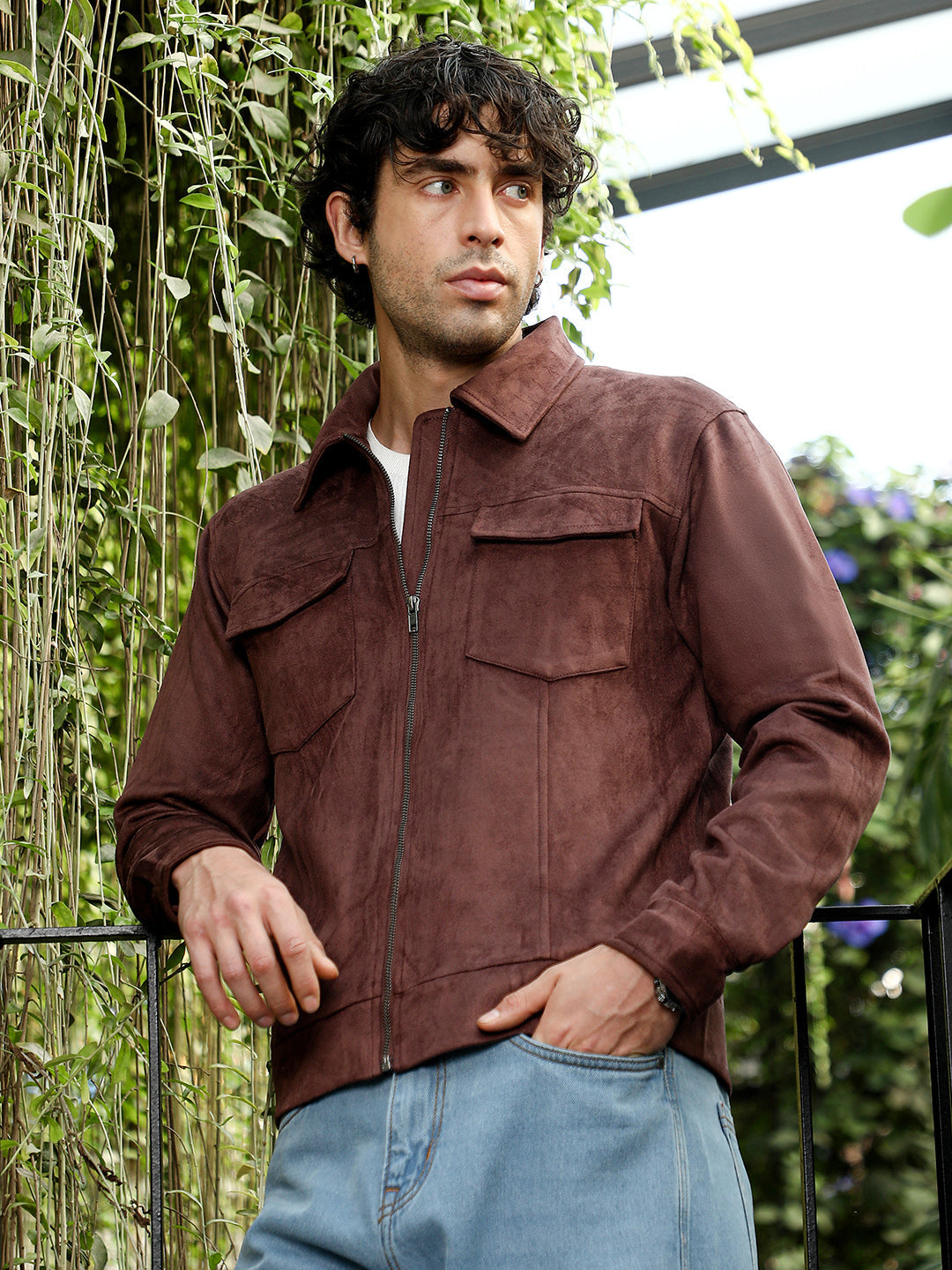Solid Utility-Suede Bomber Jacket