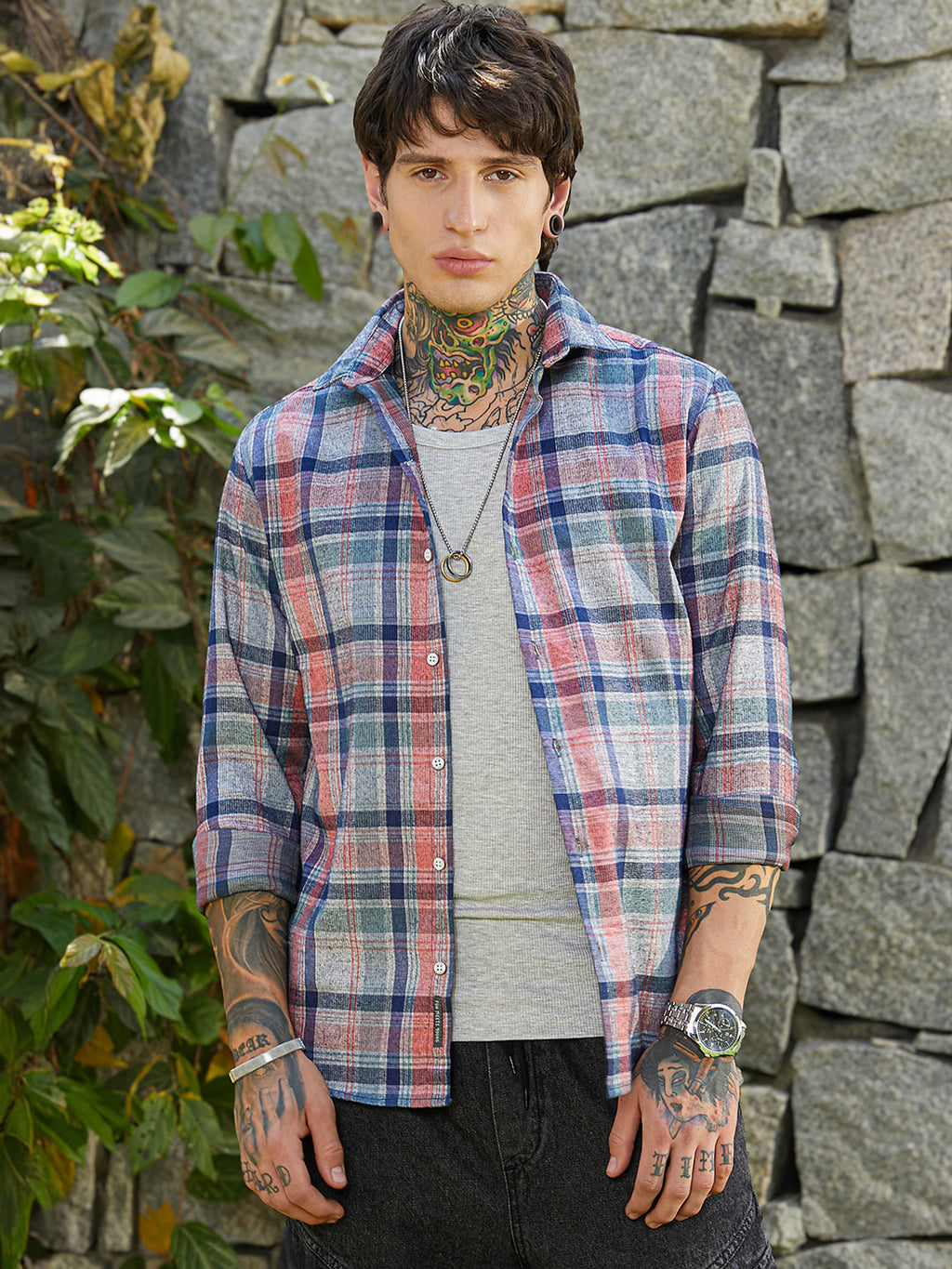 Ribbed-Plaid Relaxed Shirt