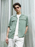 Sage Green Cuban Collar Relaxed Fit Shirt For Men