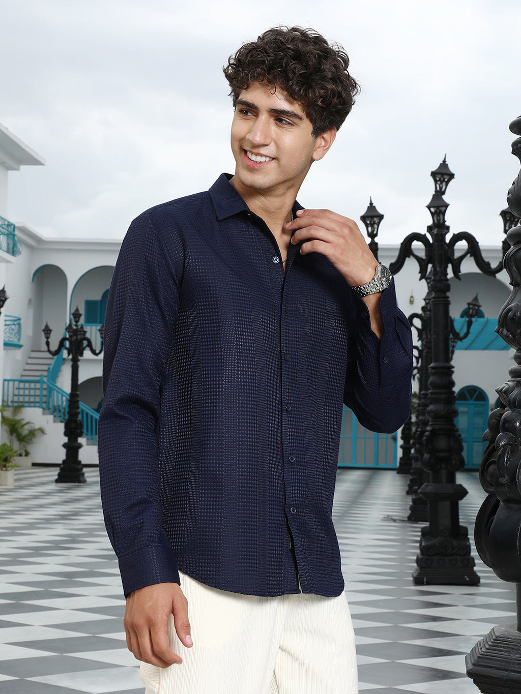Geometric-Panel Jacquard Shirt