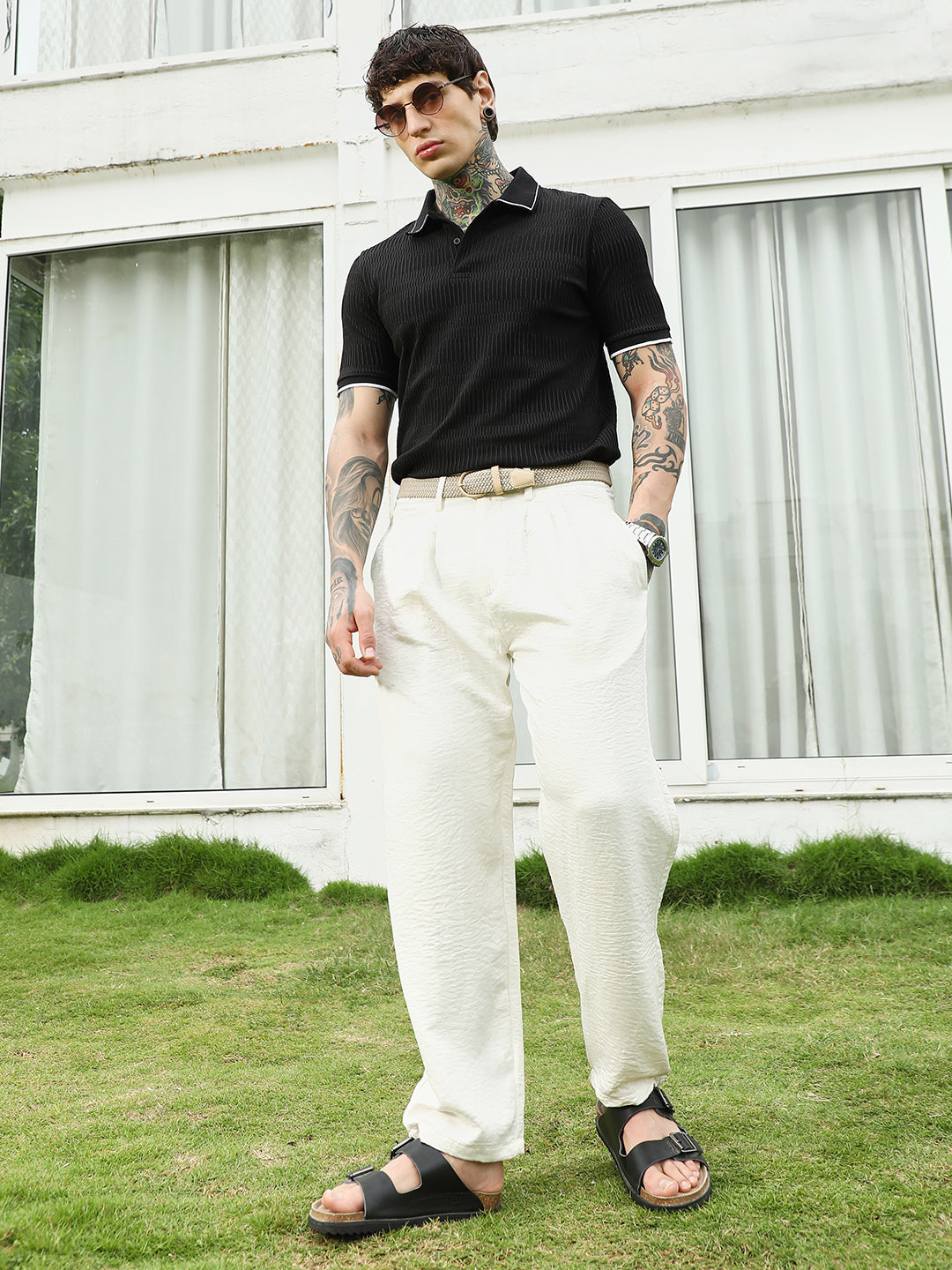 Textured Black Polo T-Shirt with Contrast Trim